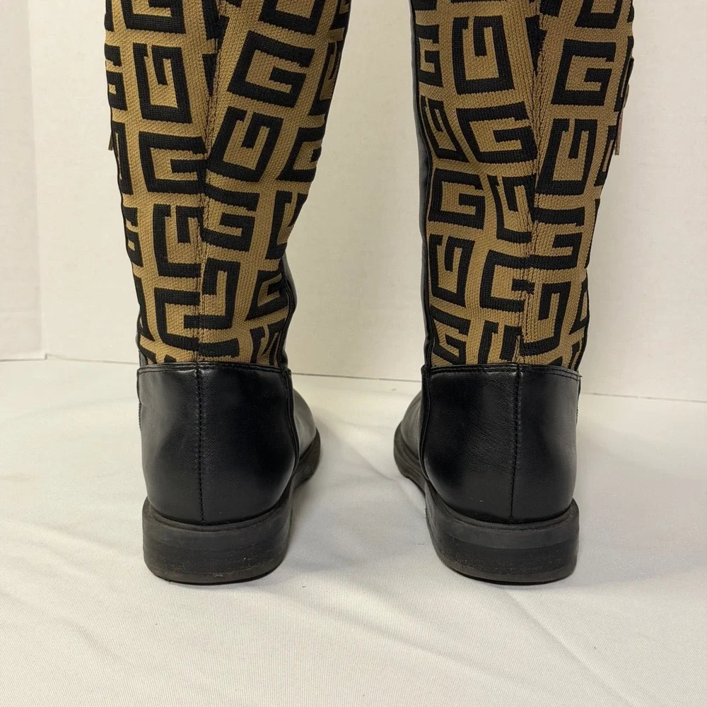 Guess Over The Knee Boots Womens Black‎ Tan Monogram Knit Pull on/Zip